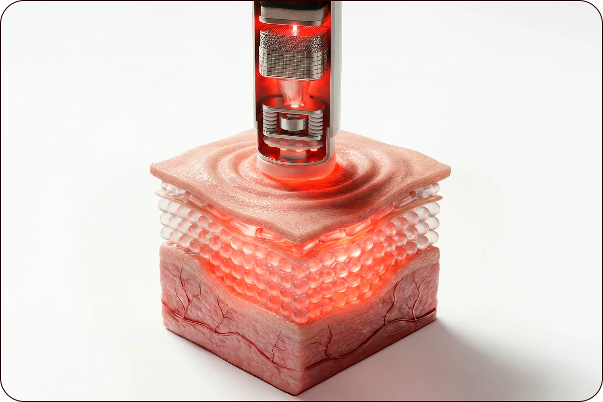 3D visualization of Illu red light penetrating skin layers to support collagen production and improve skin texture.