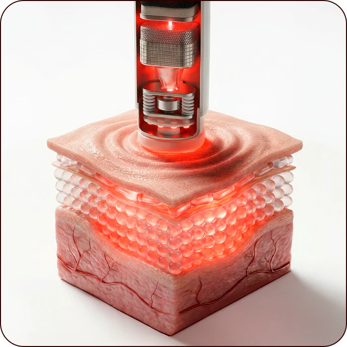 3D visualization of Illu red light penetrating skin layers to support collagen production and improve skin texture.