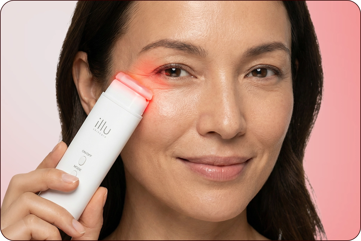 Close-up of woman applying Illu red light therapy device to under-eye area to help reduce eye bags