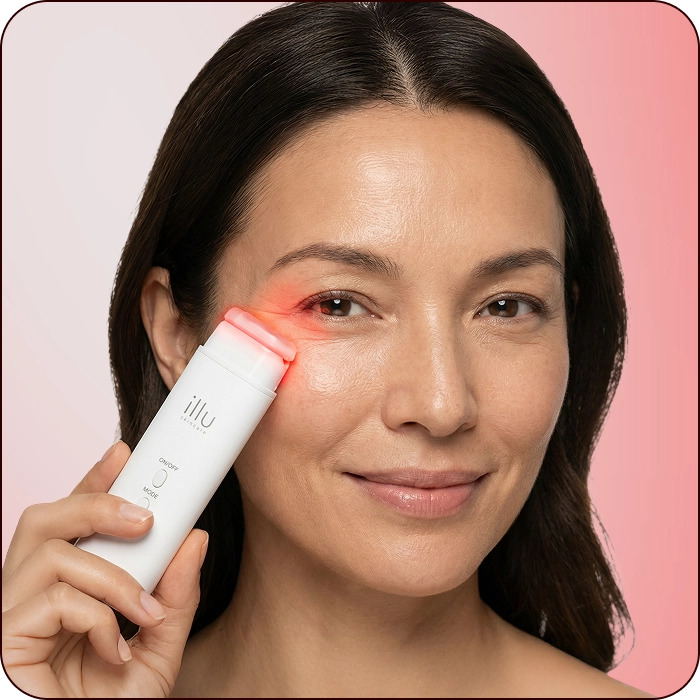 Close-up of woman applying Illu red light therapy device to under-eye area to help reduce eye bags