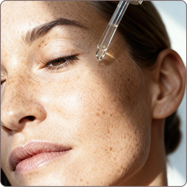 Close-up of serum dropper applying Matrixyl 3000 near the eye to reduce wrinkles and enhance skin firmness.