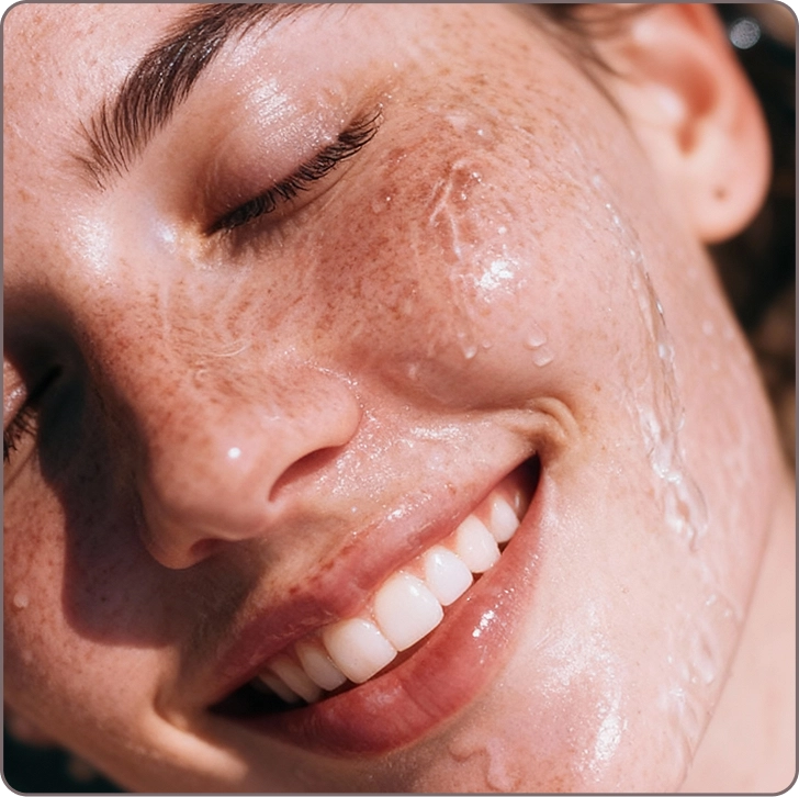 Close-up of woman with glacial water droplets on her skin, highlighting hydration, and protection benefits.