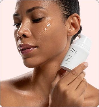 Woman holding ILLU Hydro Gel Activator beside FAQ section explaining hydration benefits and usage.