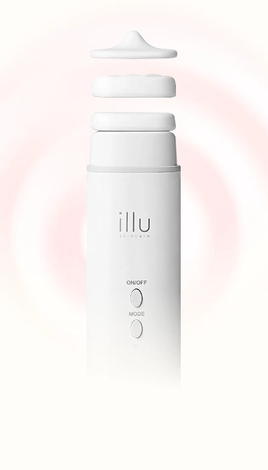 Diagram of ILLU’s interchangeable massage heads showing wave, point, and smoothing modes for targeted red and blue light facial treatment.