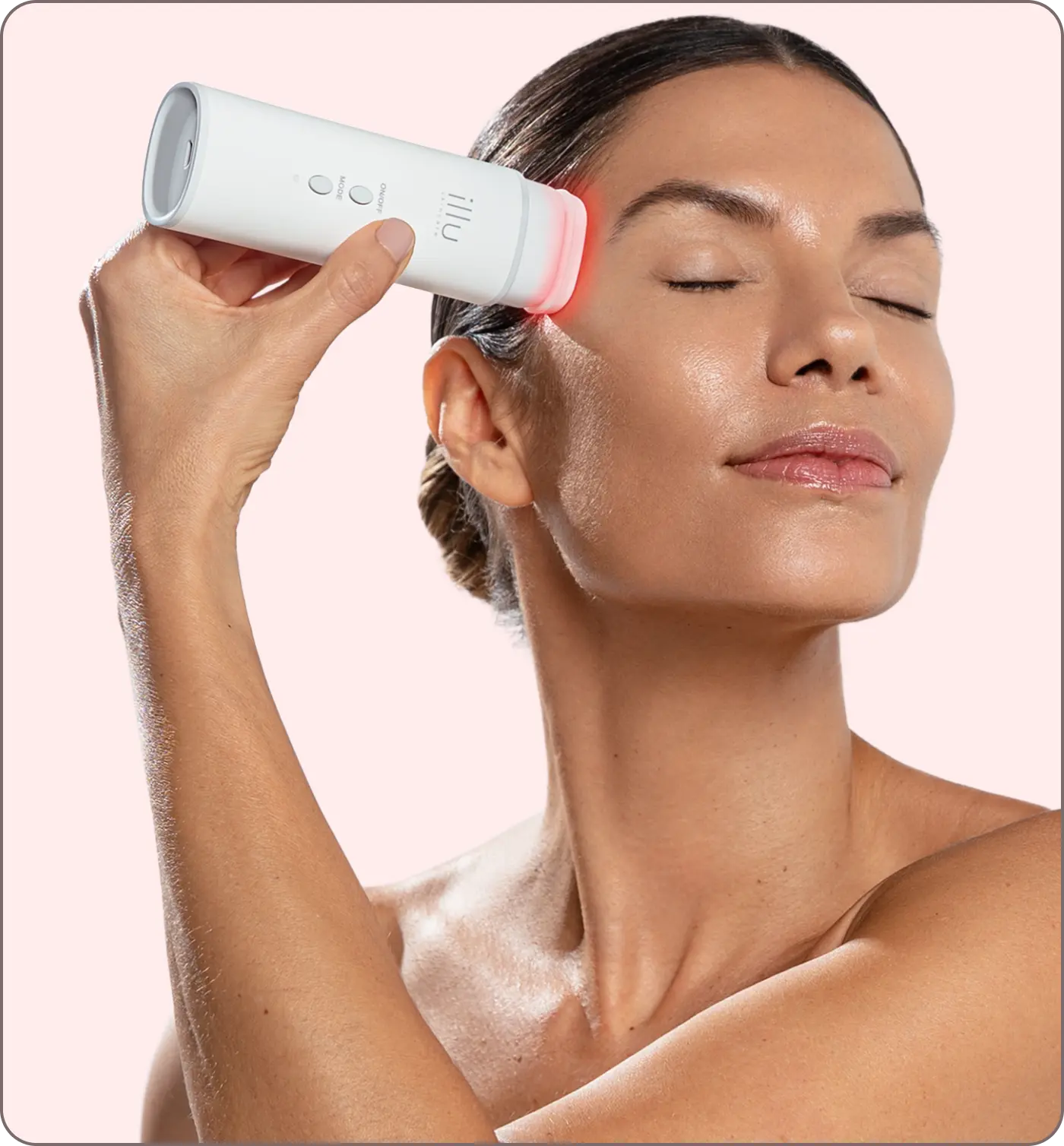 Woman using ILLU facial toning device beside FAQ section explaining its use, benefits, and skincare compatibility.