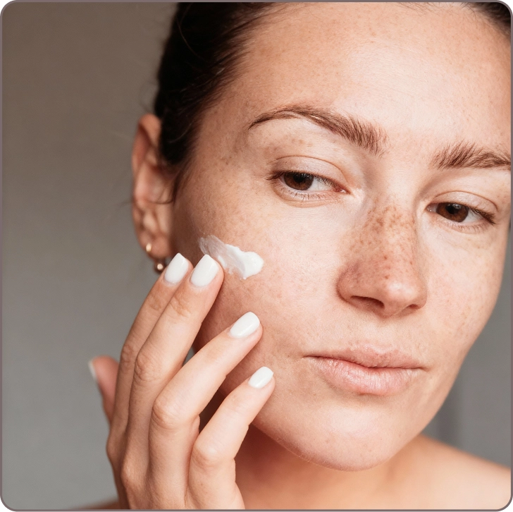 Woman applying cream with retinol to her face, emphasizing skin renewal, collagen production, and improved texture